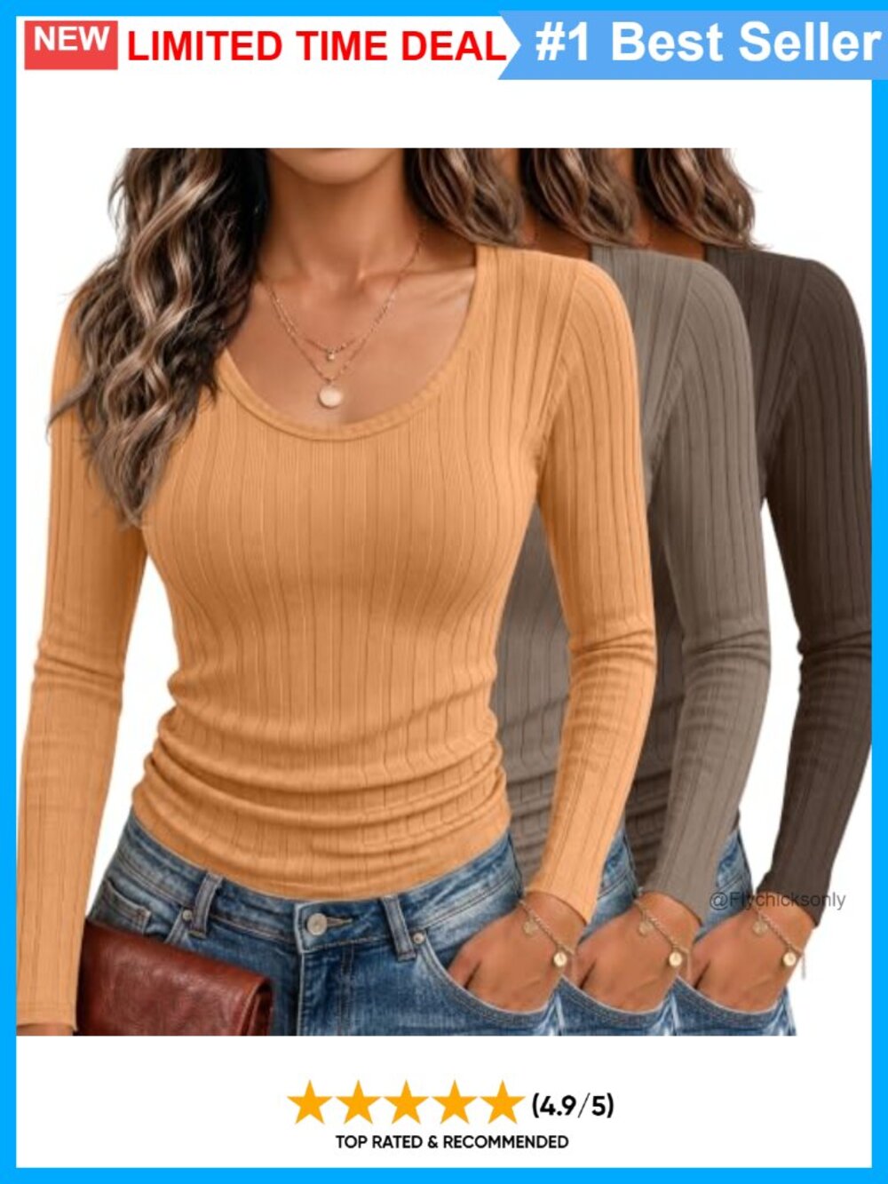 3 Pack Women's Ribbed Knit Scoop Neck Long Sleeve Tops Cotton Blend Slim Fit